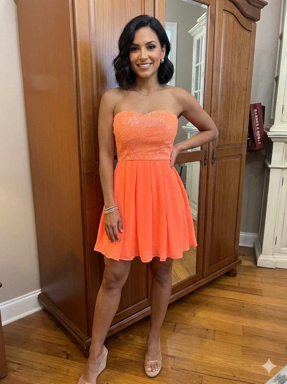 Strapless Sequin Bodice Short Dress in Vibrant Orange